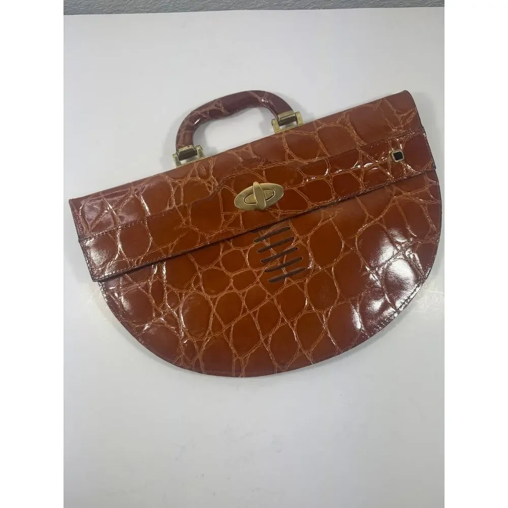 VTG Andrew Geller Handbag Croc Embossed Leather Brown Handbag Brass